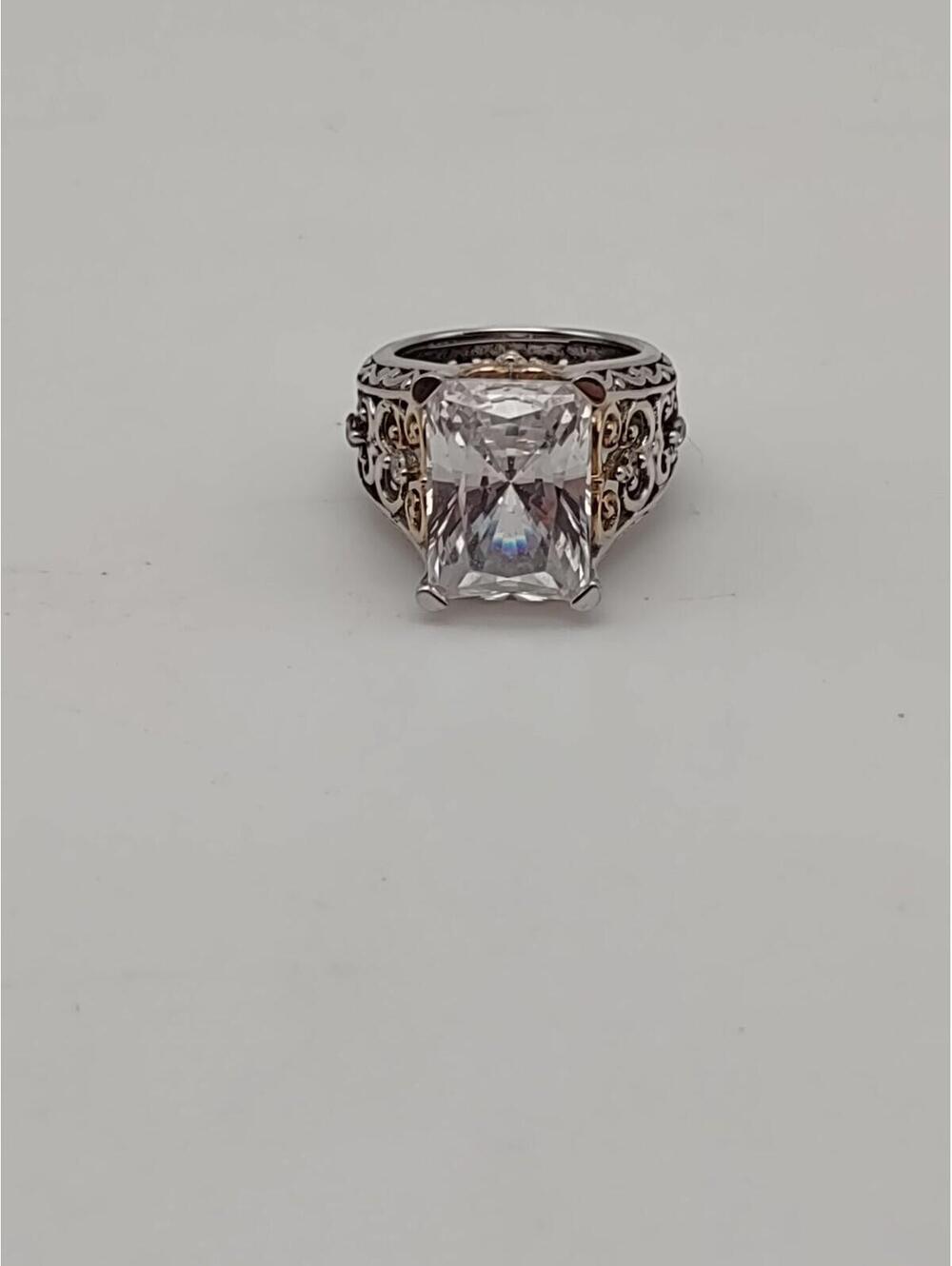 925 Sterling CZ Cocktail Ring Gold Accents Filigree 5
